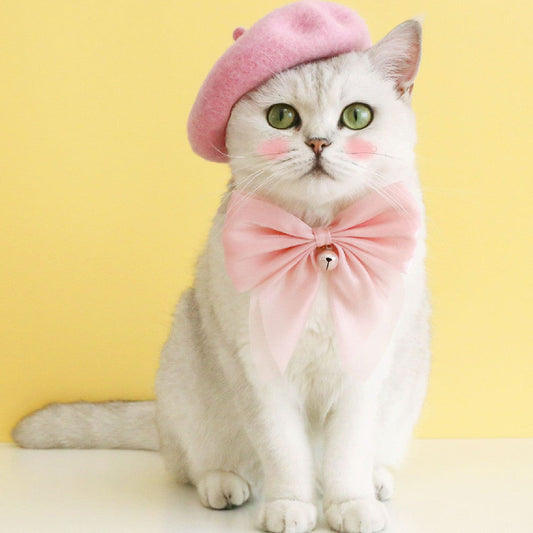 HKM-7796029 Pet Cat and Dog Accessory Set - Monochrome Cashmere Necklet with Wool Caps and Bow Collar