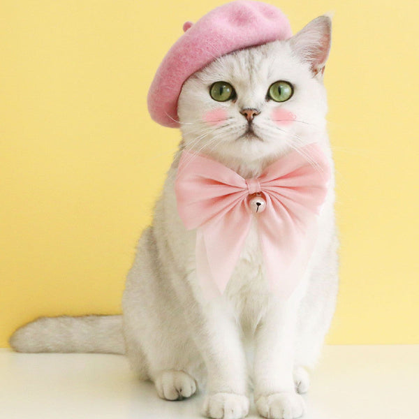 HKM-7796029 Pet Cat and Dog Accessory Set - Monochrome Cashmere Necklet with Wool Caps and Bow Collar
