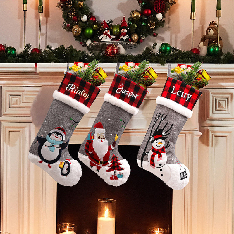 HKM-779603 Christmas Red and Black Checkered Socks for Children, Cozy Fireplace and Tree Decoration