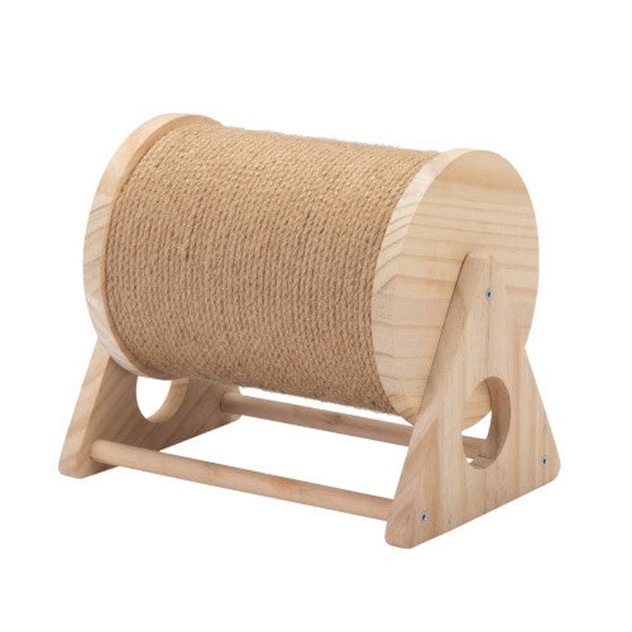 HKM-779667 Wooden Cat Scratch Post with 360° Rotation and Bell for Indoor Cats and Kittens, Natural Color, Durable Jute and Sisal Materials