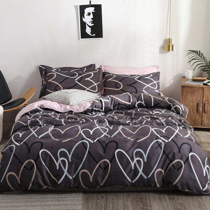 HKM-779795 Heart Print 4-Piece Bedding Set - Natural Plant Blend Fiber, Various Sizes Available