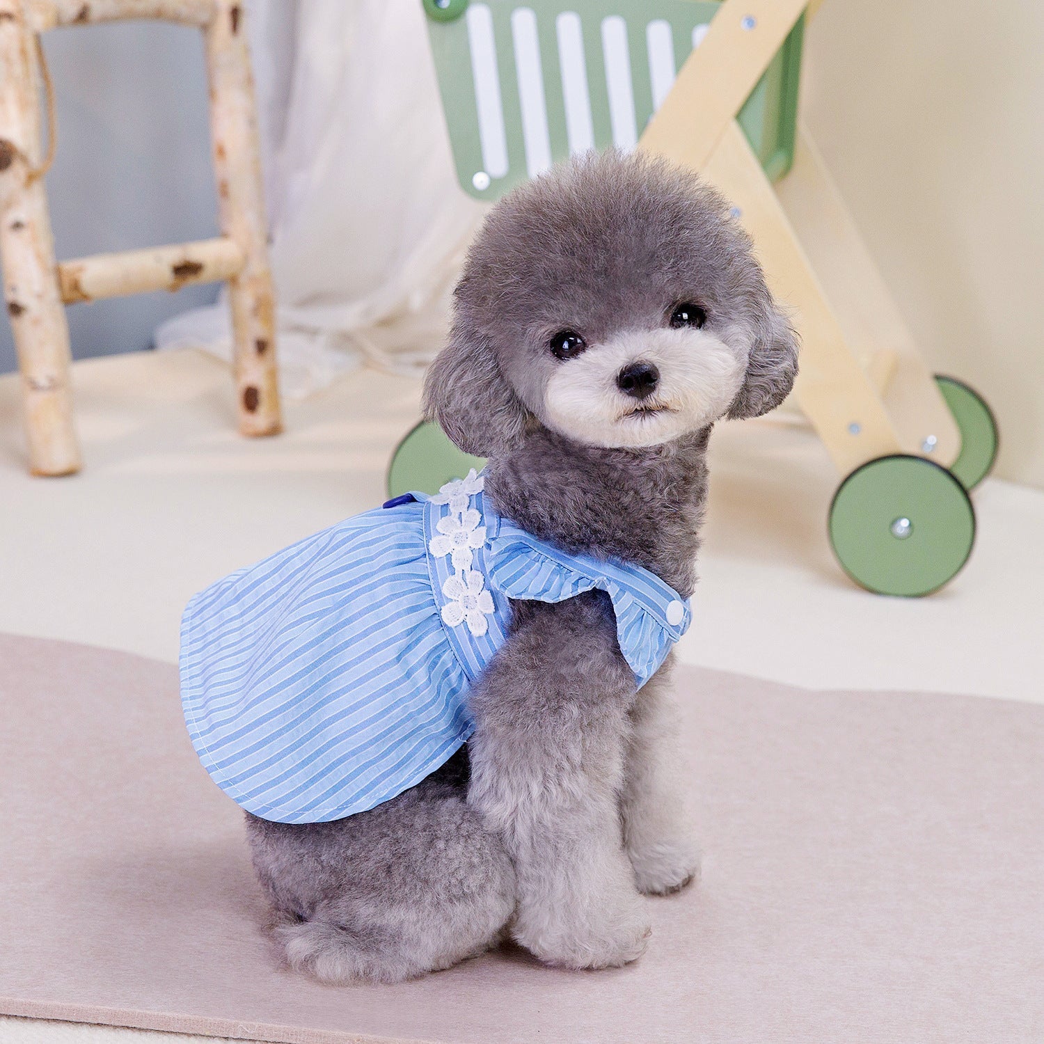 HKM-7799613 Vertical Stripe Princess Dress for Pets - Blue Stripes, Sizes S to XXL