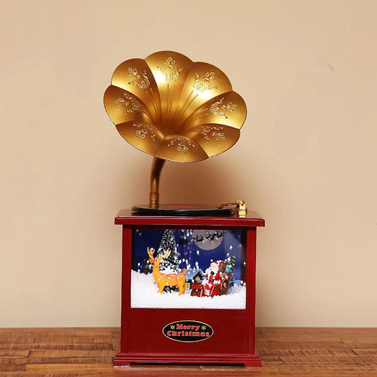 HKM-780051 Vintage Gramophone Record Player Christmas Table Decoration with Lighting and Music, 18x17x36CM