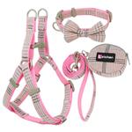 HKM-7801789 Plaid Cotton Pet Leash and Collar Set with Snack Bag for All Dog Breeds