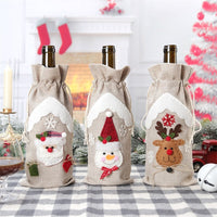 HKM-780243 Linen Christmas Wine Bottle Covers - Set of 3 Santa, Deer, and Snowman Designs