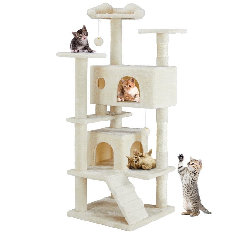 HKM-7803069 Multi-Functional Cat Treehouse with Climbing Frame - Beige & Deep Blue Options, 50x50x135 cm