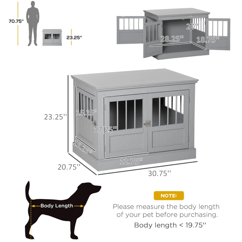 HKM-7803453 Cozy Dark Gray Wooden Dog Crate End Table with Triple Doors for Small Dogs