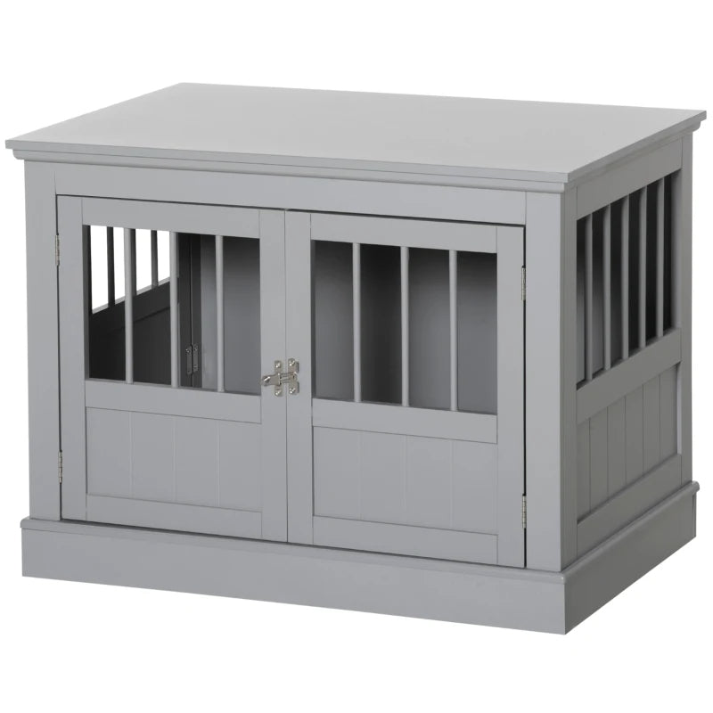 HKM-7803453 Cozy Dark Gray Wooden Dog Crate End Table with Triple Doors for Small Dogs