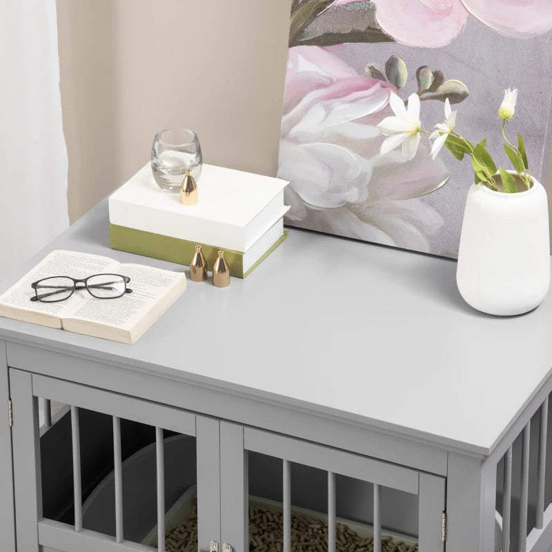HKM-7803453 Cozy Dark Gray Wooden Dog Crate End Table with Triple Doors for Small Dogs
