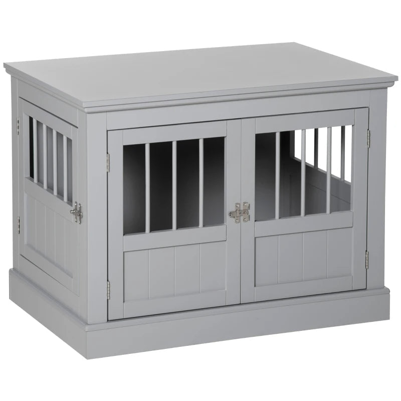 HKM-7803453 Cozy Dark Gray Wooden Dog Crate End Table with Triple Doors for Small Dogs