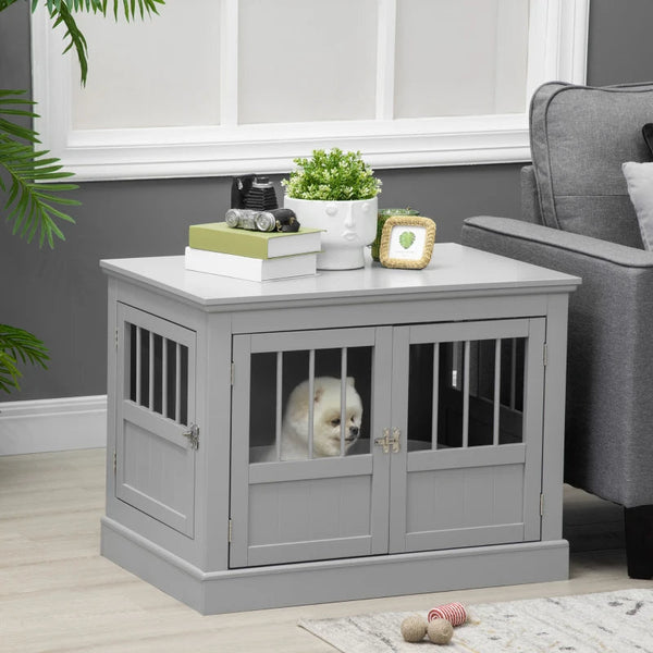 HKM-7803453 Cozy Dark Gray Wooden Dog Crate End Table with Triple Doors for Small Dogs