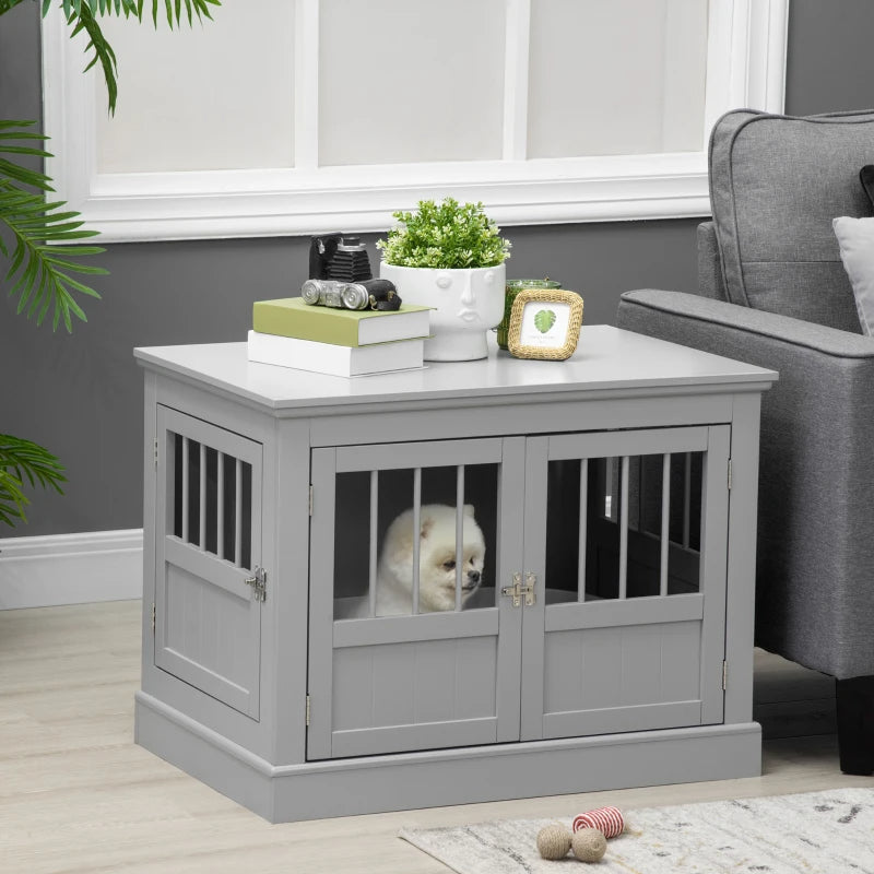 HKM-7803453 Cozy Dark Gray Wooden Dog Crate End Table with Triple Doors for Small Dogs