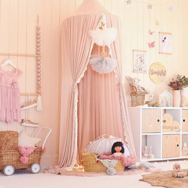 HKM-780627 Children's Chiffon Lace Mosquito Net Tent - Pink, Gray, and White, 60cm Diameter, 240cm Height