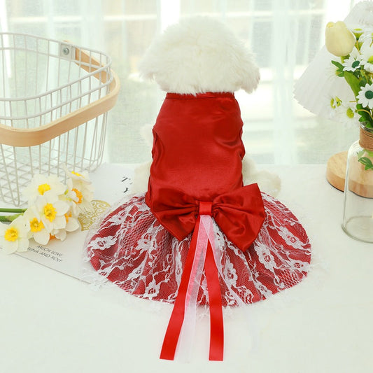 HKM-7810109 Pet Wedding Dress with Bowknot - Thin Skirt for Dogs in Multiple Colors and Sizes