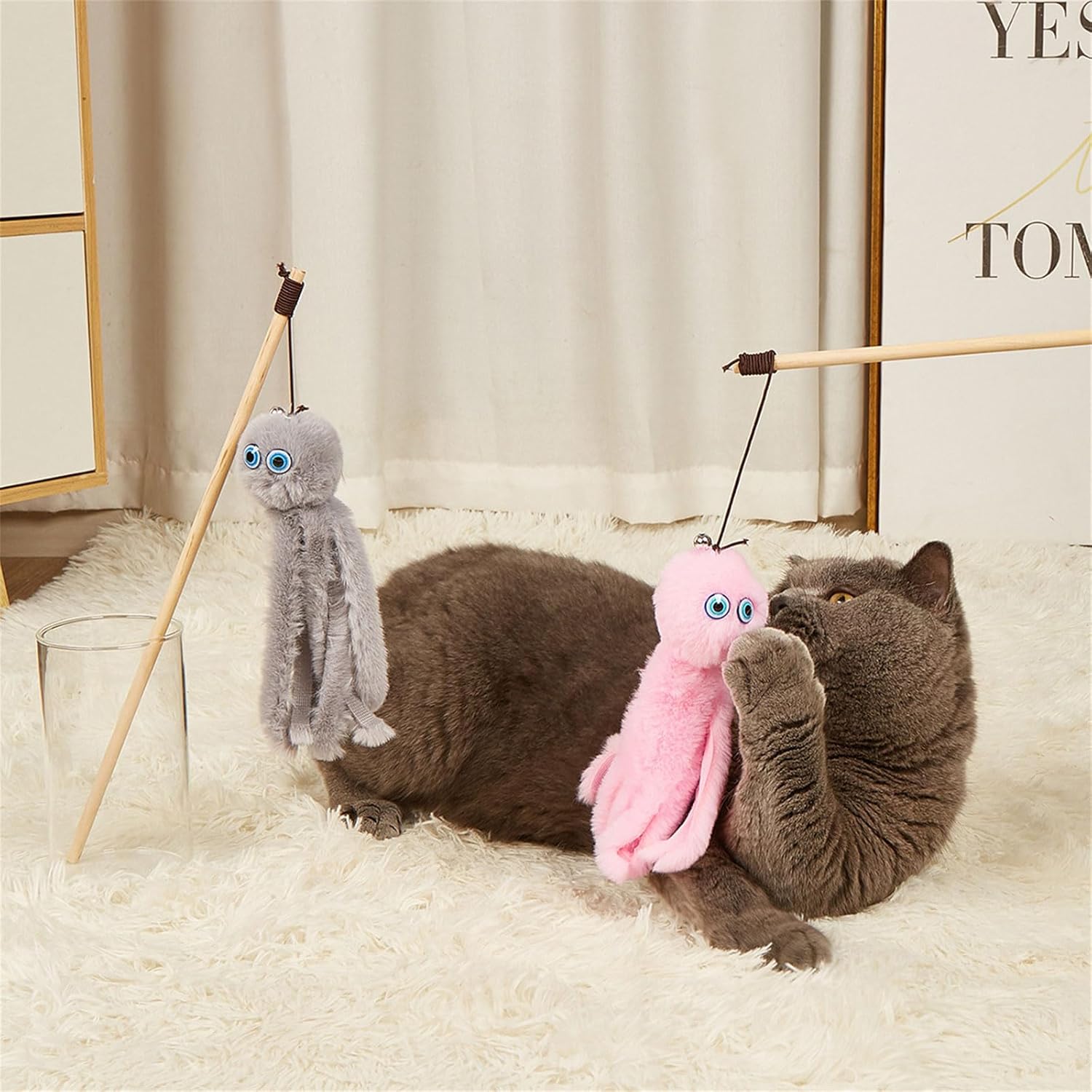 HKM-7812797 Furry Octopus Cat Toy with Long Stick - Indoor Play for Kittens and Cats