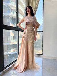HKM-781331 Champagne Elegance Evening Gown with Stunning Detailing