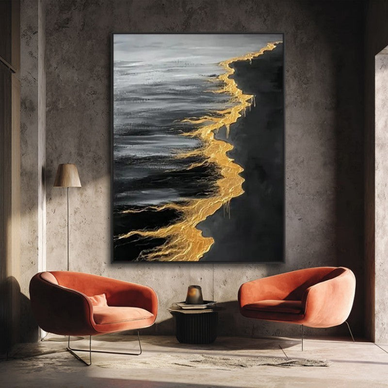 HKM-781715 Handmade Abstract Golden Beach and Waves Oil Painting on Canvas for Living Room Decor