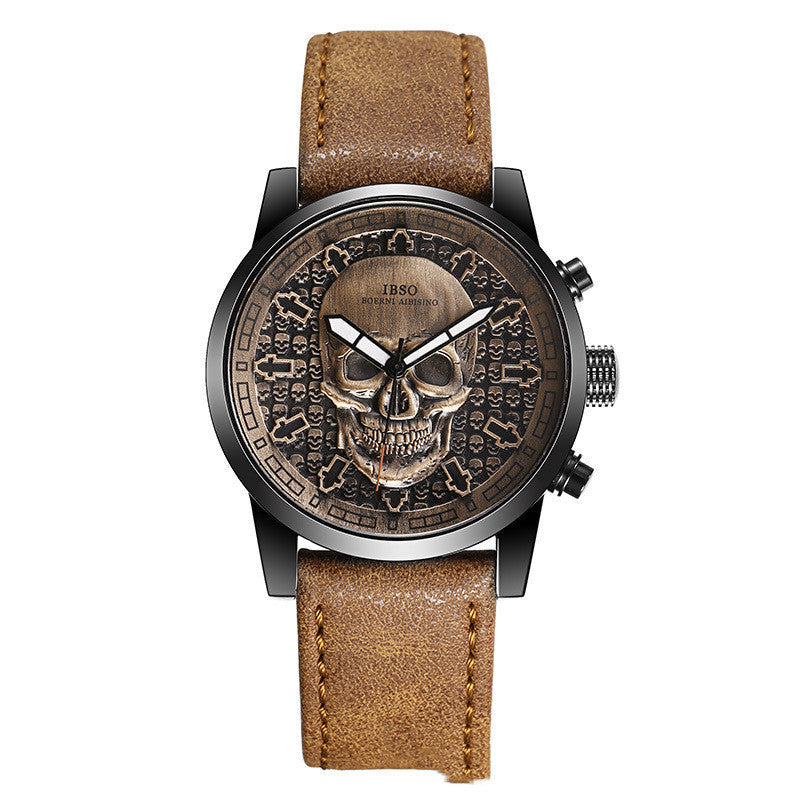 HKM-782291 Gothic Movement Men's Fashion Quartz Watch with Genuine Leather Strap and Waterproof Design