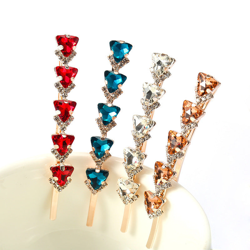 HKM-782355 Elegant Rhinestone Hairpin with Floral Design - Multi-Color Triangle Crystal Clips for Women