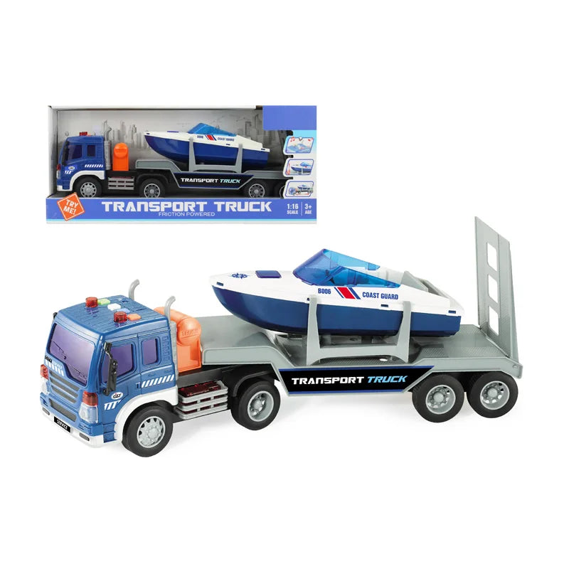 HKM-782419 1/16 Scale Friction Plastic Toy Truck with Tow Trailer for Kids Ages 2 and Up