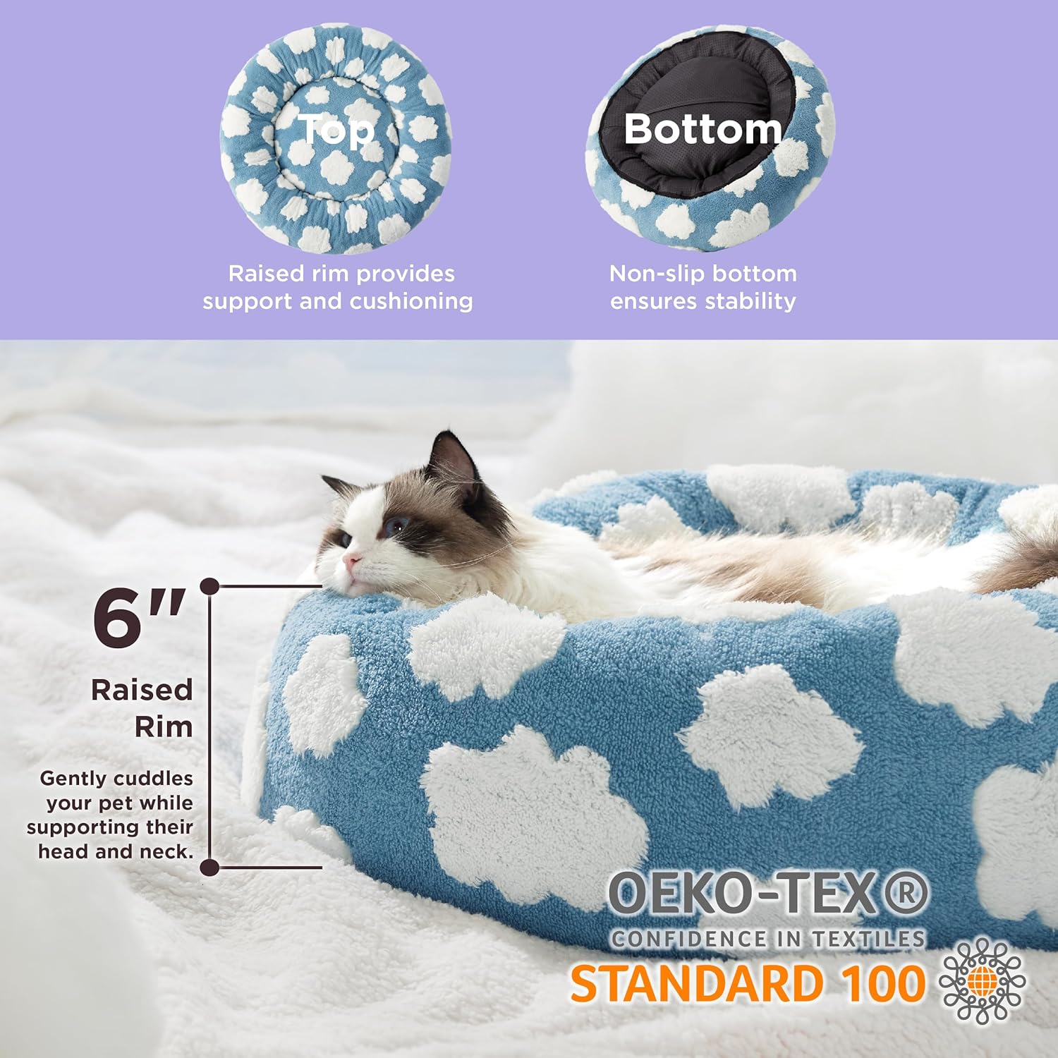 HKM-7828285 Cozy Calming Cat Bed - Round Donut Design with Shaggy Plush and Anti-Slip Base for Indoor Cats
