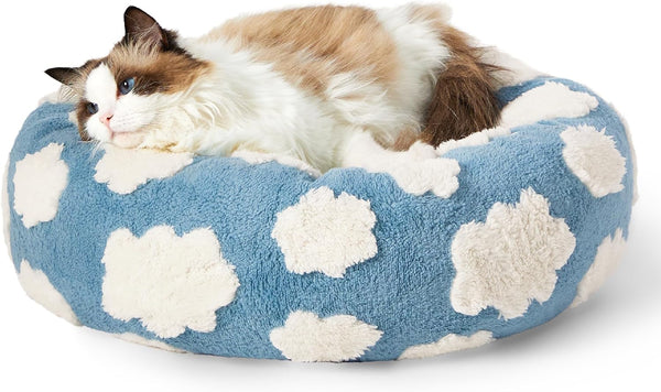 HKM-7828285 Cozy Calming Cat Bed - Round Donut Design with Shaggy Plush and Anti-Slip Base for Indoor Cats