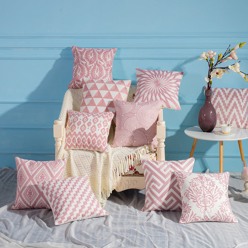 HKM-783315 Geometric Cotton Embroidered Pillowcase, 45x45cm, Colorful Modern Design with Invisible Zipper