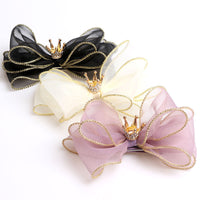 HKM-783507 Organza Bow Hairpin for Children - Crown Top Clip Hair Accessory in Black, Light Yellow, and Purple