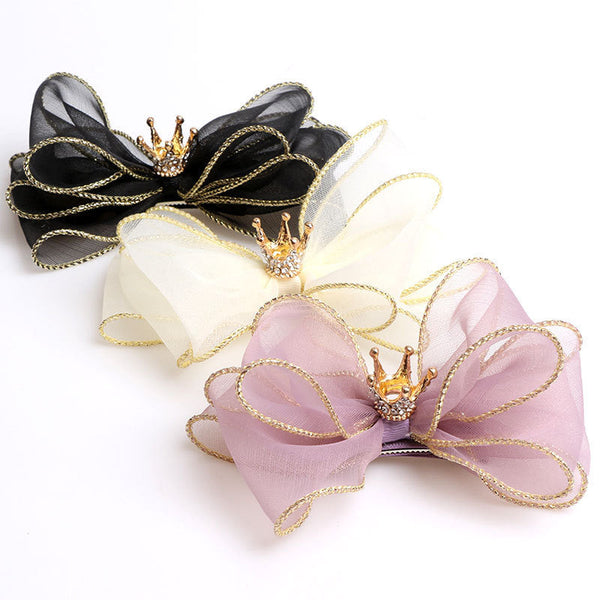 HKM-783507 Organza Bow Hairpin for Children - Crown Top Clip Hair Accessory in Black, Light Yellow, and Purple