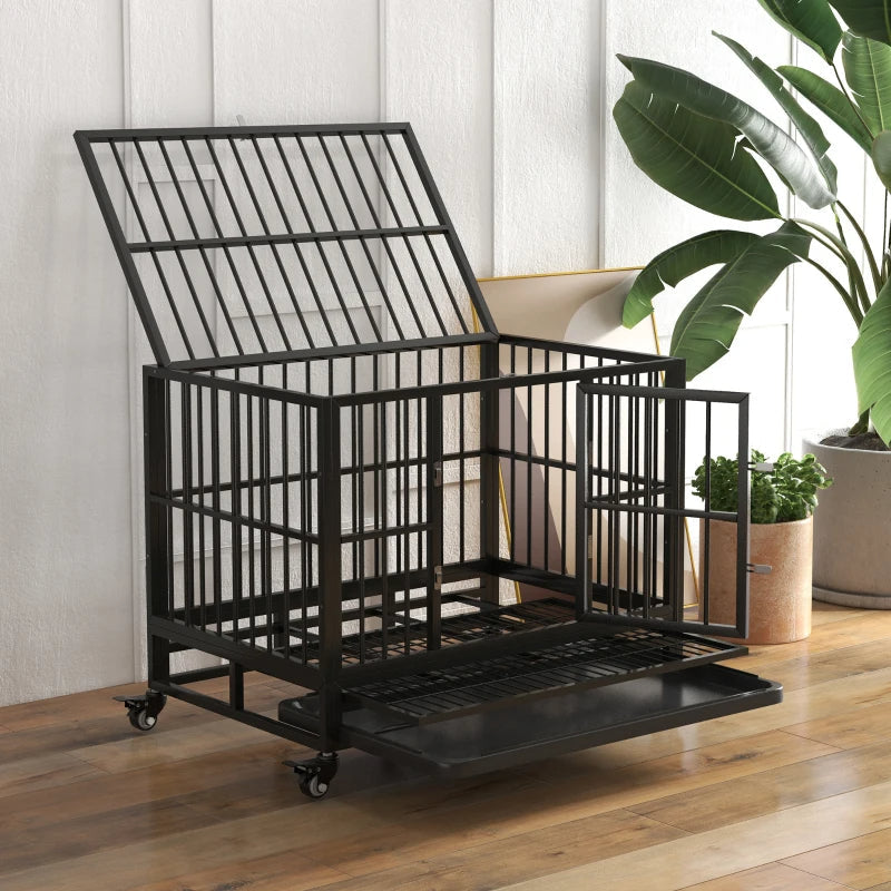 HKM-7836221 Heavy Duty Metal Dog Crate with Lockable Wheels, Double Doors, and Removable Tray - Gray