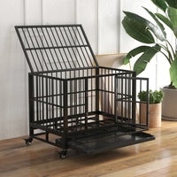 HKM-7836221 Heavy Duty Metal Dog Crate with Lockable Wheels, Double Doors, and Removable Tray - Gray