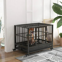 HKM-7836221 Heavy Duty Metal Dog Crate with Lockable Wheels, Double Doors, and Removable Tray - Gray