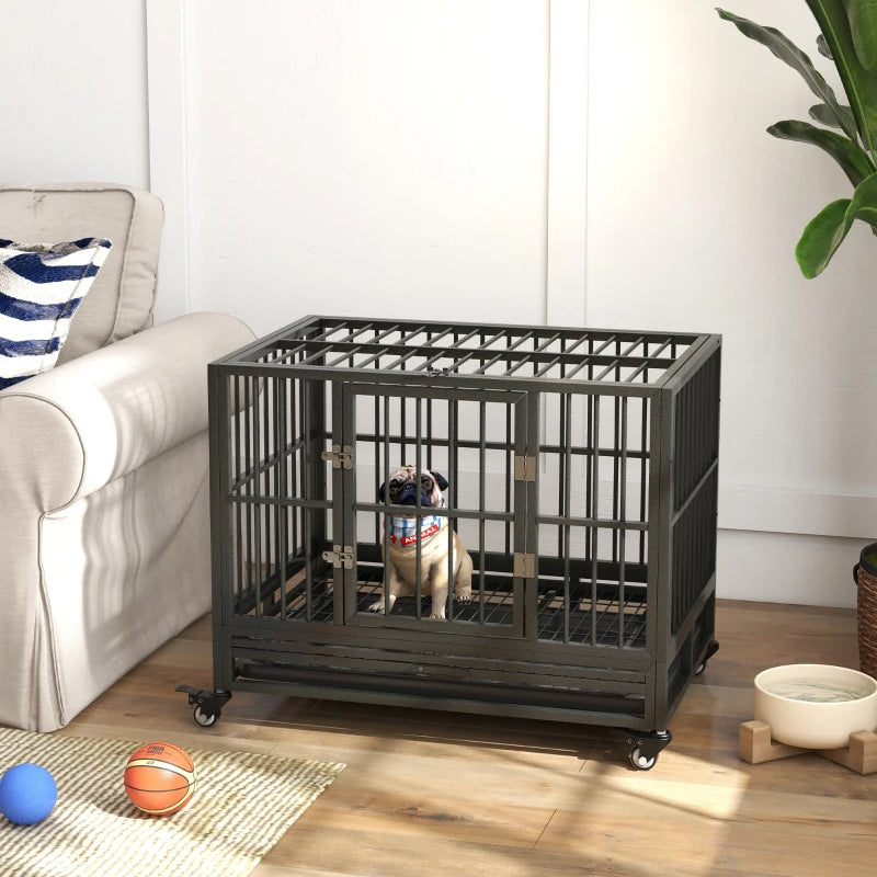 HKM-7836221 Heavy Duty Metal Dog Crate with Lockable Wheels, Double Doors, and Removable Tray - Gray