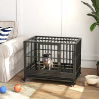 HKM-7836221 Heavy Duty Metal Dog Crate with Lockable Wheels, Double Doors, and Removable Tray - Gray