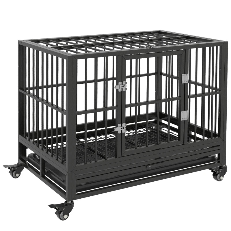 HKM-7836221 Heavy Duty Metal Dog Crate with Lockable Wheels, Double Doors, and Removable Tray - Gray