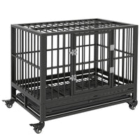 HKM-7836221 Heavy Duty Metal Dog Crate with Lockable Wheels, Double Doors, and Removable Tray - Gray