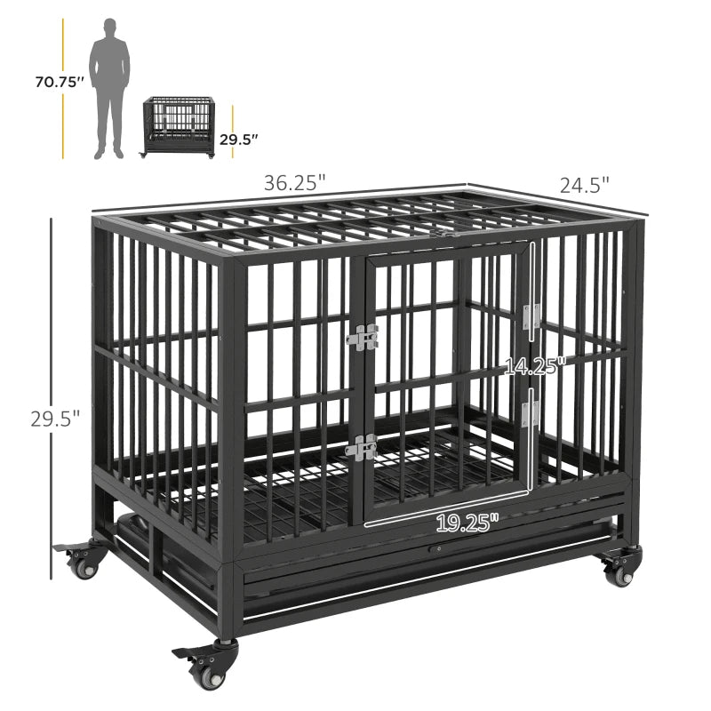 HKM-7836221 Heavy Duty Metal Dog Crate with Lockable Wheels, Double Doors, and Removable Tray - Gray