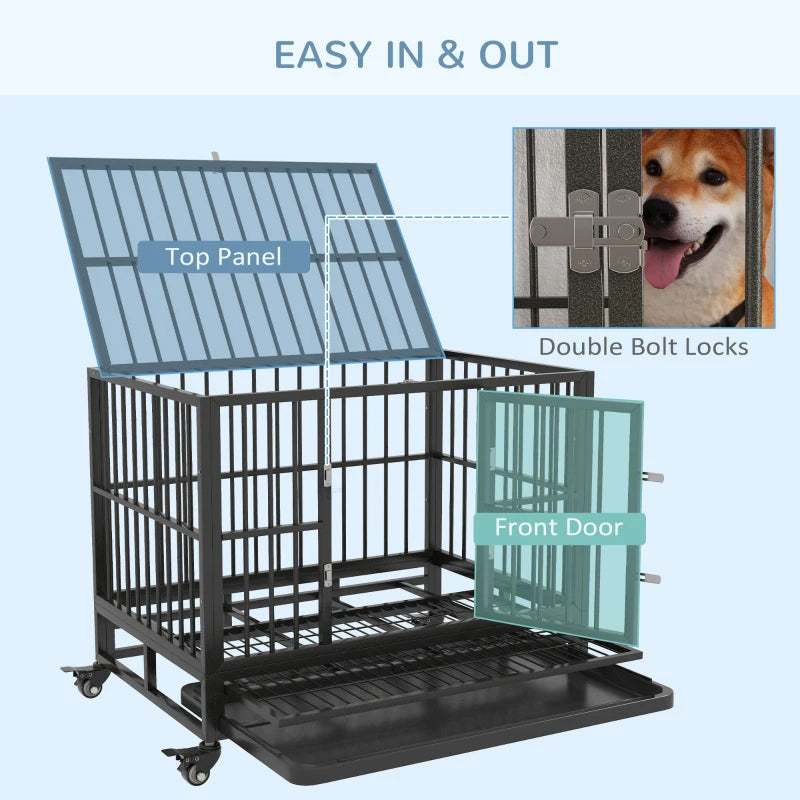 HKM-7836221 Heavy Duty Metal Dog Crate with Lockable Wheels, Double Doors, and Removable Tray - Gray
