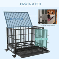 HKM-7836221 Heavy Duty Metal Dog Crate with Lockable Wheels, Double Doors, and Removable Tray - Gray