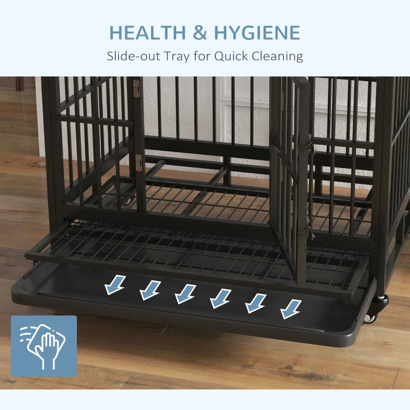 HKM-7836221 Heavy Duty Metal Dog Crate with Lockable Wheels, Double Doors, and Removable Tray - Gray