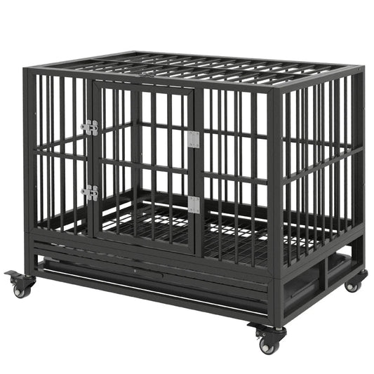 HKM-7836221 Heavy Duty Metal Dog Crate with Lockable Wheels, Double Doors, and Removable Tray - Gray