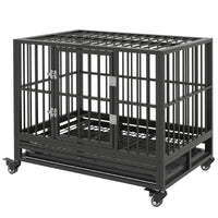 HKM-7836221 Heavy Duty Metal Dog Crate with Lockable Wheels, Double Doors, and Removable Tray - Gray