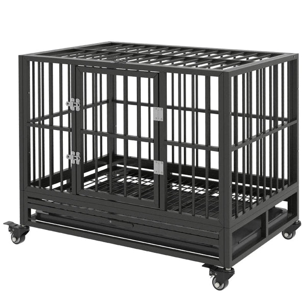 HKM-7836221 Heavy Duty Metal Dog Crate with Lockable Wheels, Double Doors, and Removable Tray - Gray