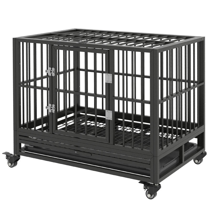 HKM-7836221 Heavy Duty Metal Dog Crate with Lockable Wheels, Double Doors, and Removable Tray - Gray