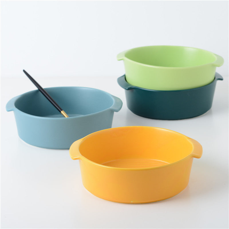 HKM-7838525 Ceramic Medium Dog Food Bowl with Anti-Scalding Double-Ear Design - Available in Green, Dark Blue, Avocado Green, and Yellow