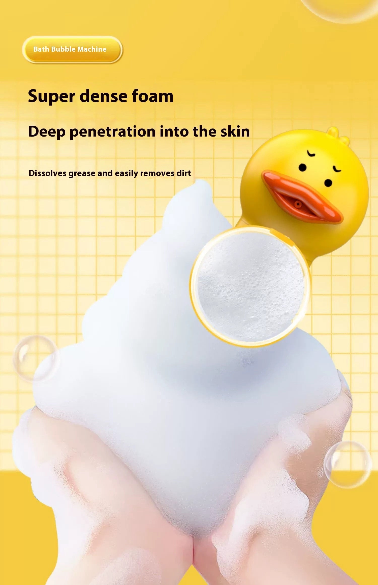 HKM-7840189 Small Yellow Duck Bath Bubble Machine with 400ml Capacity and Shower Gel