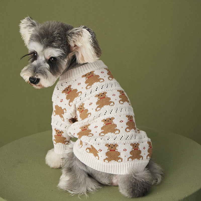 HKM-7846077 Cute Casual Wool Sweater for Pomeranians - Beige Bear Design, Various Sizes Available