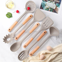 HKM-784787 7-Piece Silicone Kitchen Utensil Set with Wooden Handles