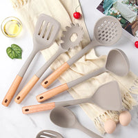 HKM-784787 7-Piece Silicone Kitchen Utensil Set with Wooden Handles