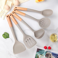 HKM-784787 7-Piece Silicone Kitchen Utensil Set with Wooden Handles